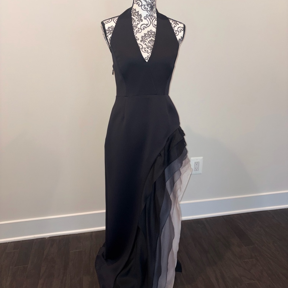 Halston Heritage Black Asymmetrical Dress with Ruffle